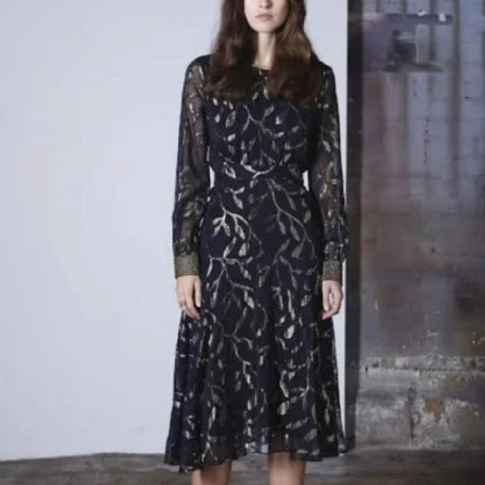 We Are Kindred Luella Leaf Dress long sleeve dark Navy Blue & gold Size 4
